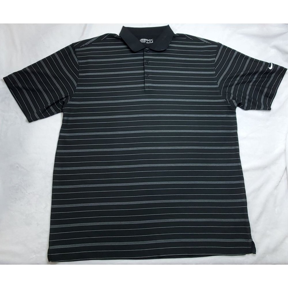 Men's Black/White Striped Nike Golf - Fit Dry Collar Shirt - Large